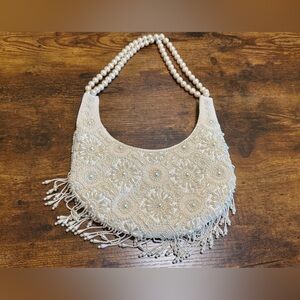 Elegant Cream faux Pearl Fringed  Beaded Bag